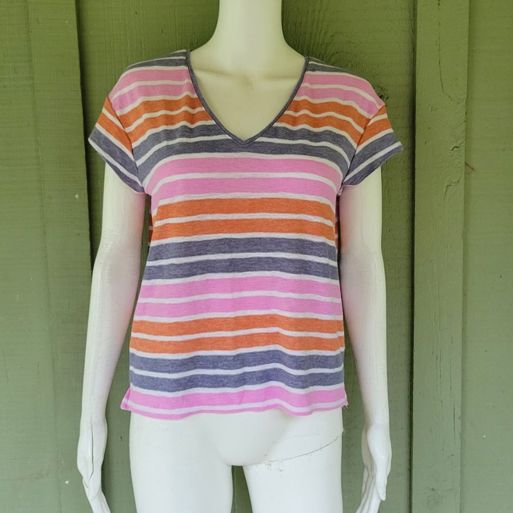 MADEWELL Pink Gray Striped V-Neck T-shirt Top XS